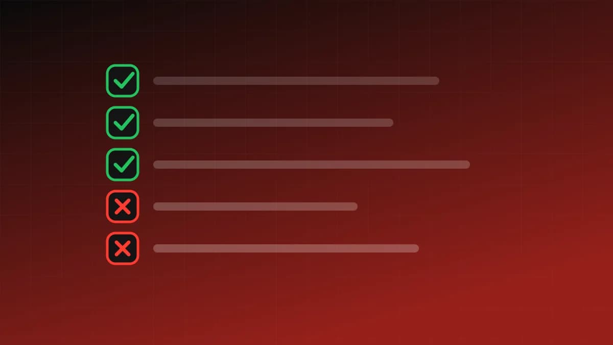 A checklist with three items passed and two failed